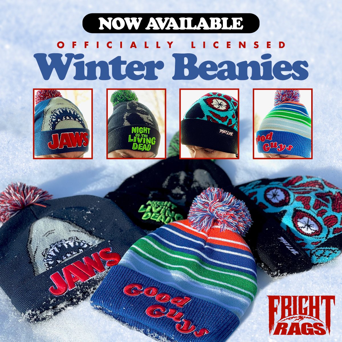 frightrags's tweet photo. π₯Ά NOW AVAILABLE! Brand-new Officially Licensed HORROR WINTER BEANIES to keep your tasty brains toasty this winter! NIGHT OF THE LIVING DEAD! CHUCKY! JAWS! THEY LIVE! Grab yours NOW! SHOP HERE: https://t.co/OISlYXh2Ty #frightrags #winterbeanie #horrormovies #horrorhat #horror https://t.co/9gGkzw5kLS