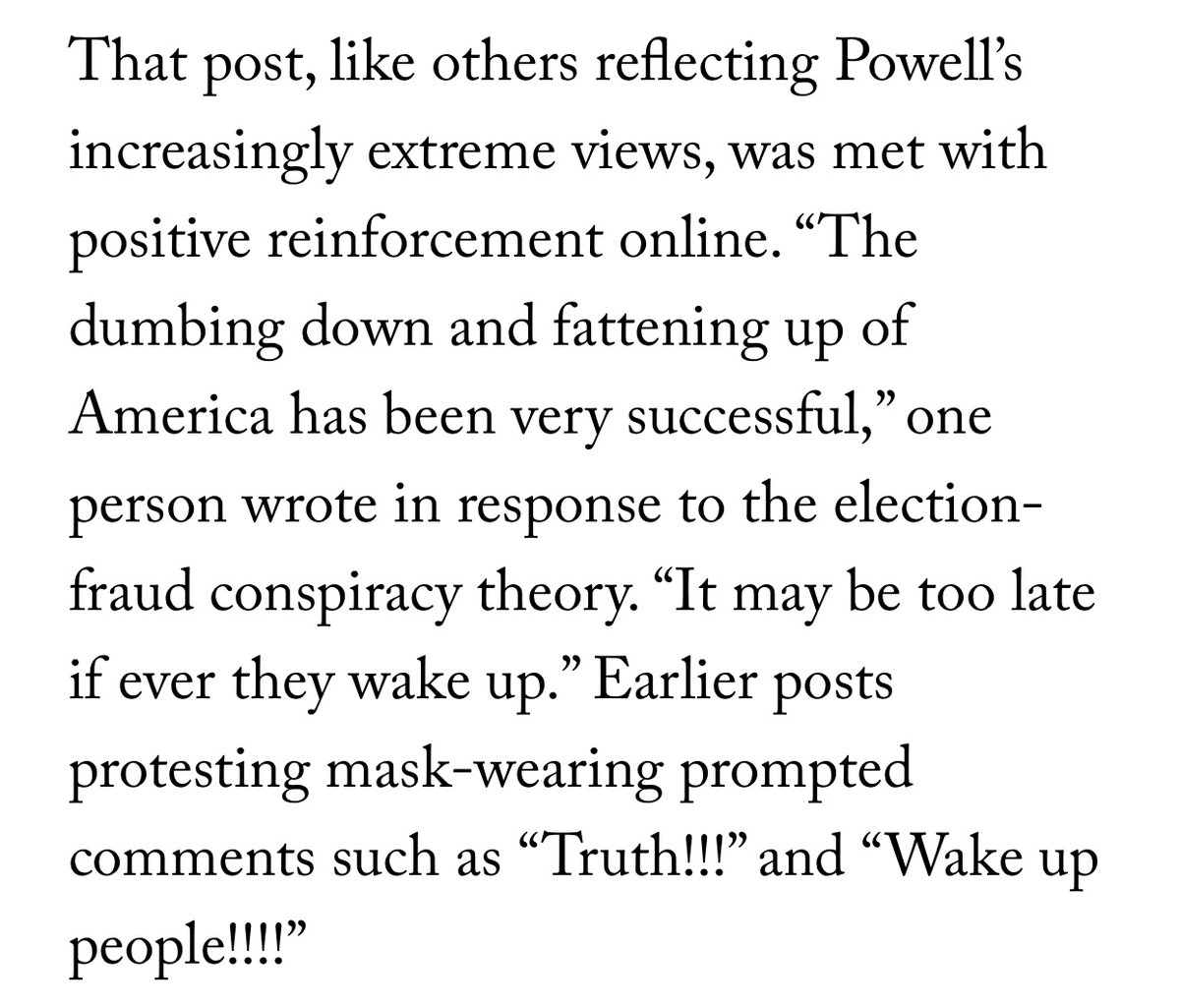 Powell may embody a trend of radicalization online and through friends without the involvement of organized militias. Facebook appears to have been a conduit. Powell posted extremist misinformation with increasing frequency and received enthusiastic support from online friends.