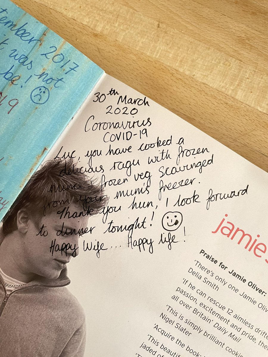 claudykin's tweet photo. So my mum bought my dad a @jamieoliver cook book for Christmas in 2004, and I’ve just discovered she’s been writing in it ever since 🤣🤣🤣 https://t.co/qhwByLfglX