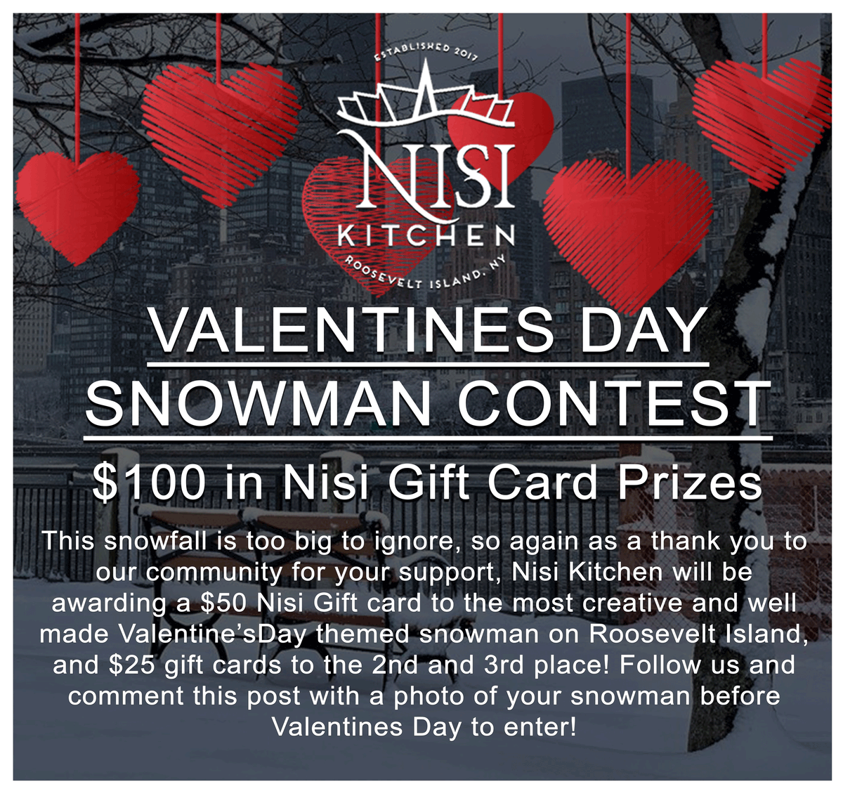 NisiKitchen's tweet photo. Let it snow! We're giving out $100 worth in gift cards to the best Valentines Day themed snowmen, comment on this post with a picture of your snowman to win! https://t.co/JwUOWrJ8nn