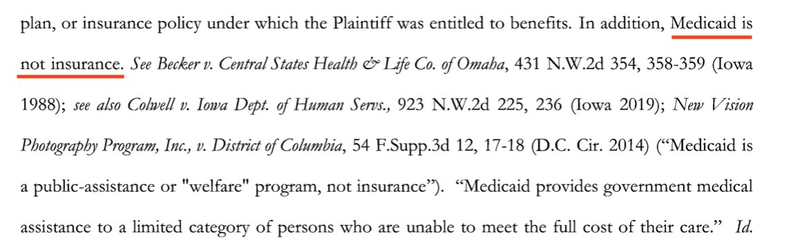 Here's where things get especially wild — the hospital responded by saying it didn't have to bill Monica's Medicaid, because Medicaid isn't health insurance. (8/13)Here's the legal brief:  https://public.courts.in.gov/mycase#/vw/CaseSummary/eyJ2Ijp7IkNhc2VUb2tlbiI6Ik40UXhkSTdRUGVUYm9oTk0yMVZDbUR2VEVkbXZBeE1RNWJraTZxTFk3OEExIn19