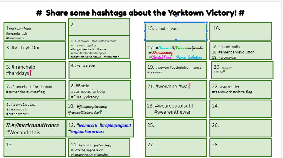 MGatesclass's tweet photo. 4th Graders created hashtags about the victory at Yorktown! @FairfaxVillaES 
#virginiastudies #4thgrade https://t.co/DwLXHplLeC