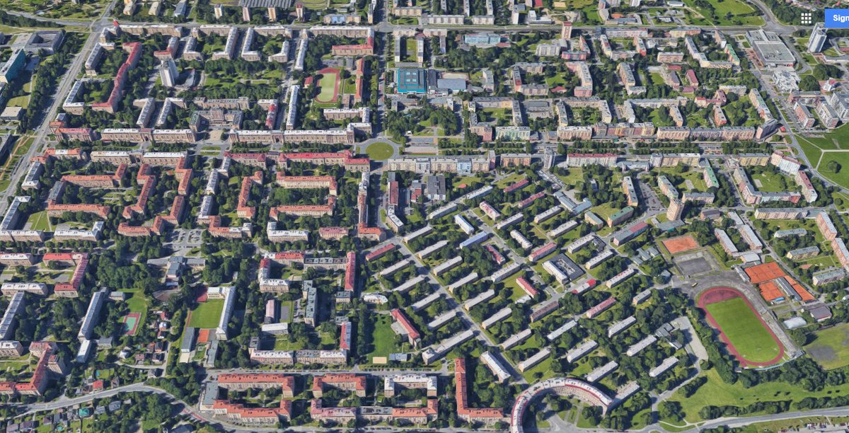 Neighborhoods were organized along the "mikroraion" model, with traffic limited and all basic needs accessible within a short walk. Trees were densely planted to provide cover in the hot summers and wet winters.