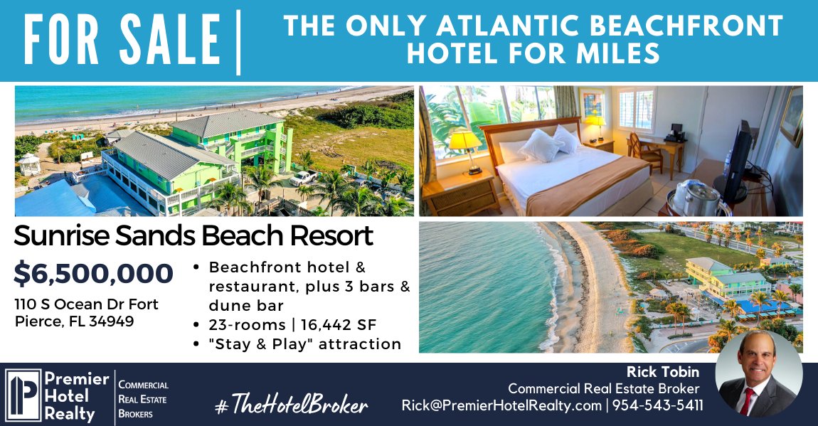 CREPropertyWire's tweet image. We are pleased to share this Florida hotel opportunity with you: 

🏝 The Only Atlantic Beachfront Hotel For Miles!  
The Sunrise Sands Beach Resort - Hutchinson Island, FL | PRICE: $6,500,000

Contact Rick Tobin for more information

📞954-543-5411 or Rick@PremierHotelRealty.com