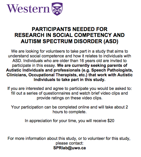 Are you a parent of an autistic individual? Do you work in a professional capacity with autistic individuals (SLP, OT, PT, etc.)? Help us investigate social skills in autism. See attached below.