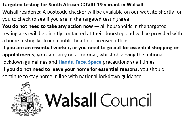 ⚠Targeted testing for South African COVID-19 variant in Walsall. Information for residents within the Walsall council area⬇️