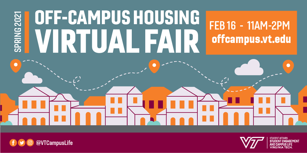 VTCampusLife's tweet photo. The Spring Off-Campus Housing fair is virtual this year, but you'll still have access to local property managers with Fall housing available.  Get a head start by visiting https://t.co/EuVpShTdlV to explore housing options or schedule a zoom appointment to talk with our staff.🏘️ https://t.co/YQi1gluBUn