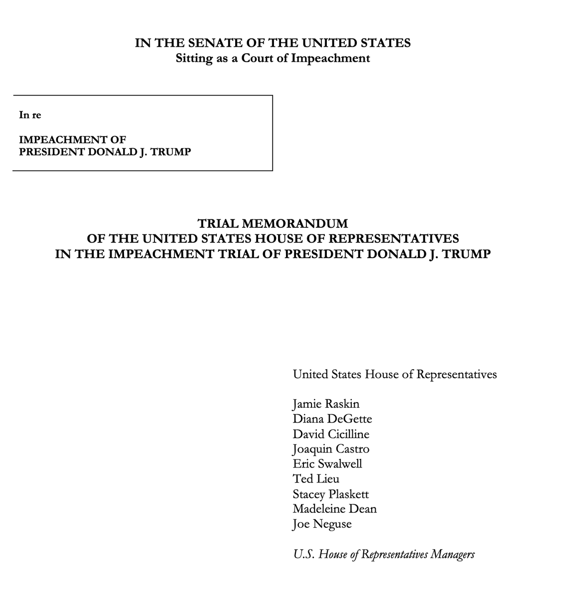 House impeachment managers this morning filed their 80-page pre-trial brief for the Senate impeachment trial of former President Donald J. Trump. https://judiciary.house.gov/uploadedfiles/house_trial_brief_final.pdf?utm_campaign=5706-519