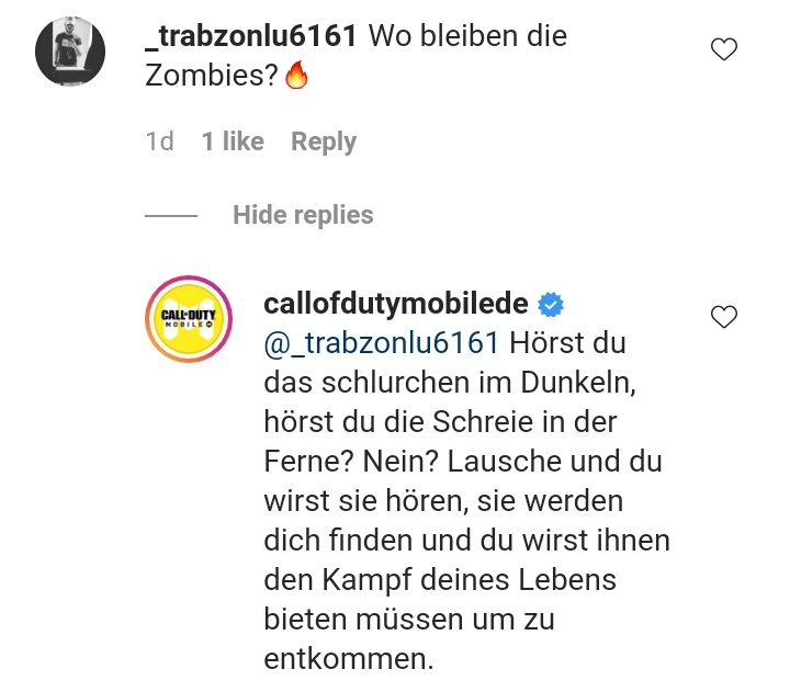 HardcodexIntel's tweet image. Basically that guy asked about zombies mode return and the official German account( note the verified tick) replied this😏. 

Link to post: instagram.com/p/CKtIkeLsLEE/…

Information Credit: @LewisIVX