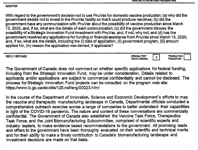 In the House of Commons, the Conservatives tried to get answers about why PnuVax wasn't chosen to be, at least, a part of the vaccine plan. Here's the inscrutable answer.