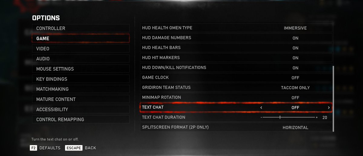 Options screen from Gears 5 showing the Text Chat option. To enable or disable the text chat go to Options, Game, Text Chat and then toggle it on or off. 