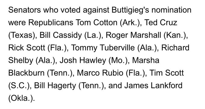 <a href="/PeteButtigieg/">Pete Buttigieg</a> <a href="/USDOT/">U.S. Department of Transportation</a> Congratulations Pete!

There is no reason 13 Senators voted against you.

The names below belong in the 2021 Homophobe Hall of Shame!

Let's remember them &amp; their bigotry, when they run for reelection.