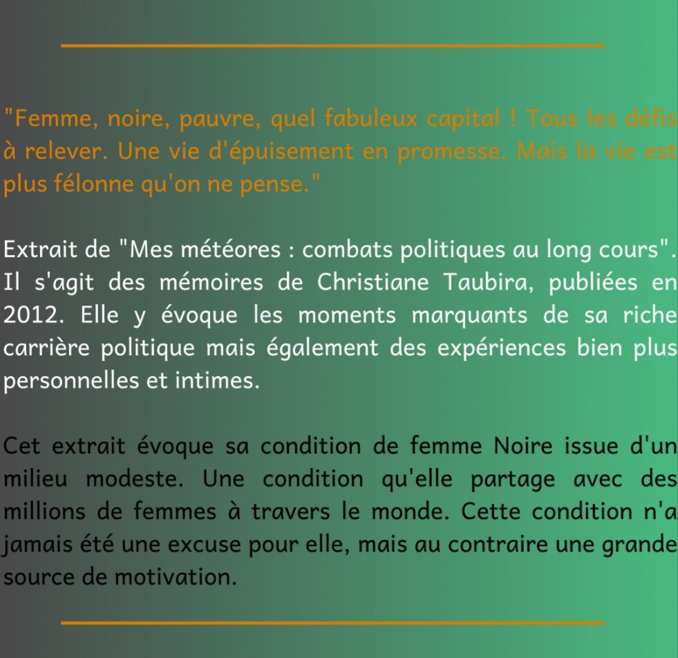 kamunity_'s tweet photo. Kamarades ! Pour son grand retour, Kamunity arrive avec un concept inédit : 1hommage1jour.

Il s'agit de publications autour d'une thématique hebdomadaire. 

#Kamunity #1h1j #Citation #CitationsDuJour #christianetaubira #LoiTaubira #Bhm2021 #blackhistorymonth #bhm21 https://t.co/fX2UsDVbn1