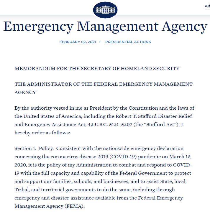 chas_eby's tweet photo. Big news in emergency management: @WhiteHouse memorandum issued today, FEMA shall provide a 100% Federal cost share for all eligible emergency protective measures States/locals have taken in response to COVID-19.

@MDMEMA has been lobbying for this as a member of @NEMA_web. https://t.co/ueL06jIzQq