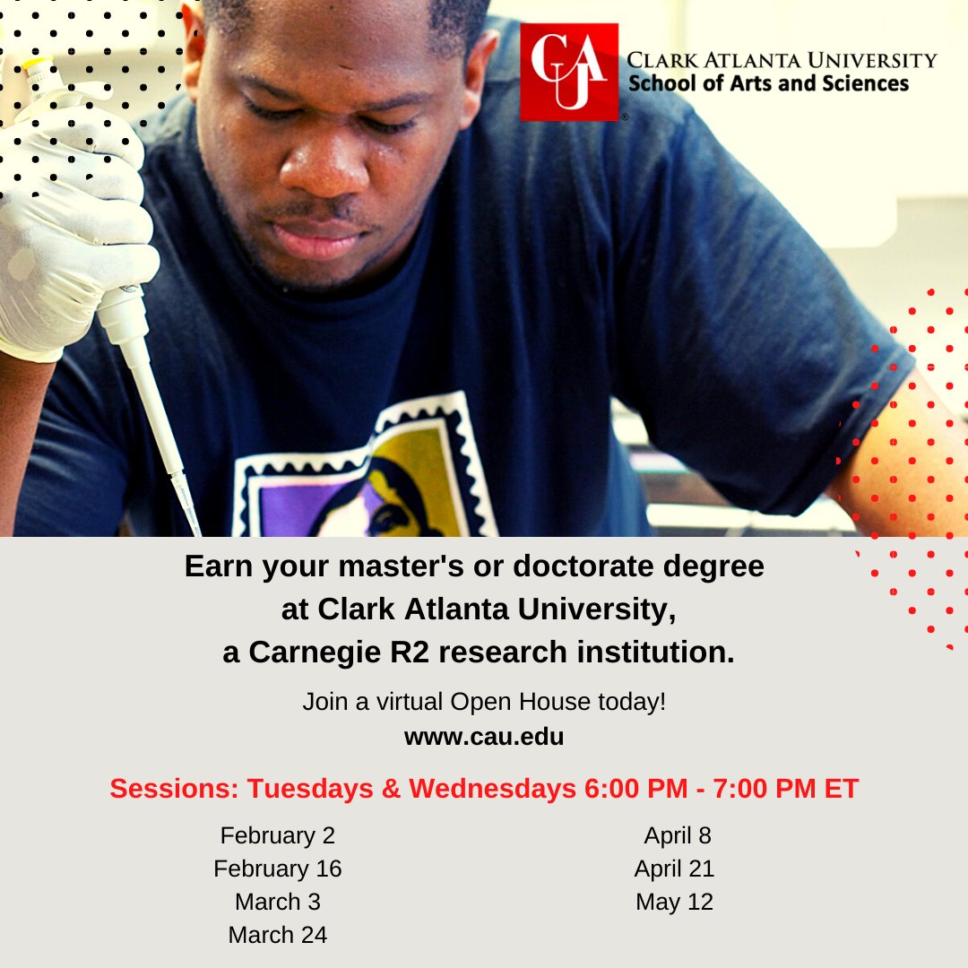 Lead and discover in first-class programs in fine arts, humanities and STEM programs. Earn your masters or doctorate degree at Clark Atlanta University, a Carnegie R2 research institution and #OneExceptionalUniversity. 

Join a virtual Open House today: ow.ly/gn2Z50Dpt8V