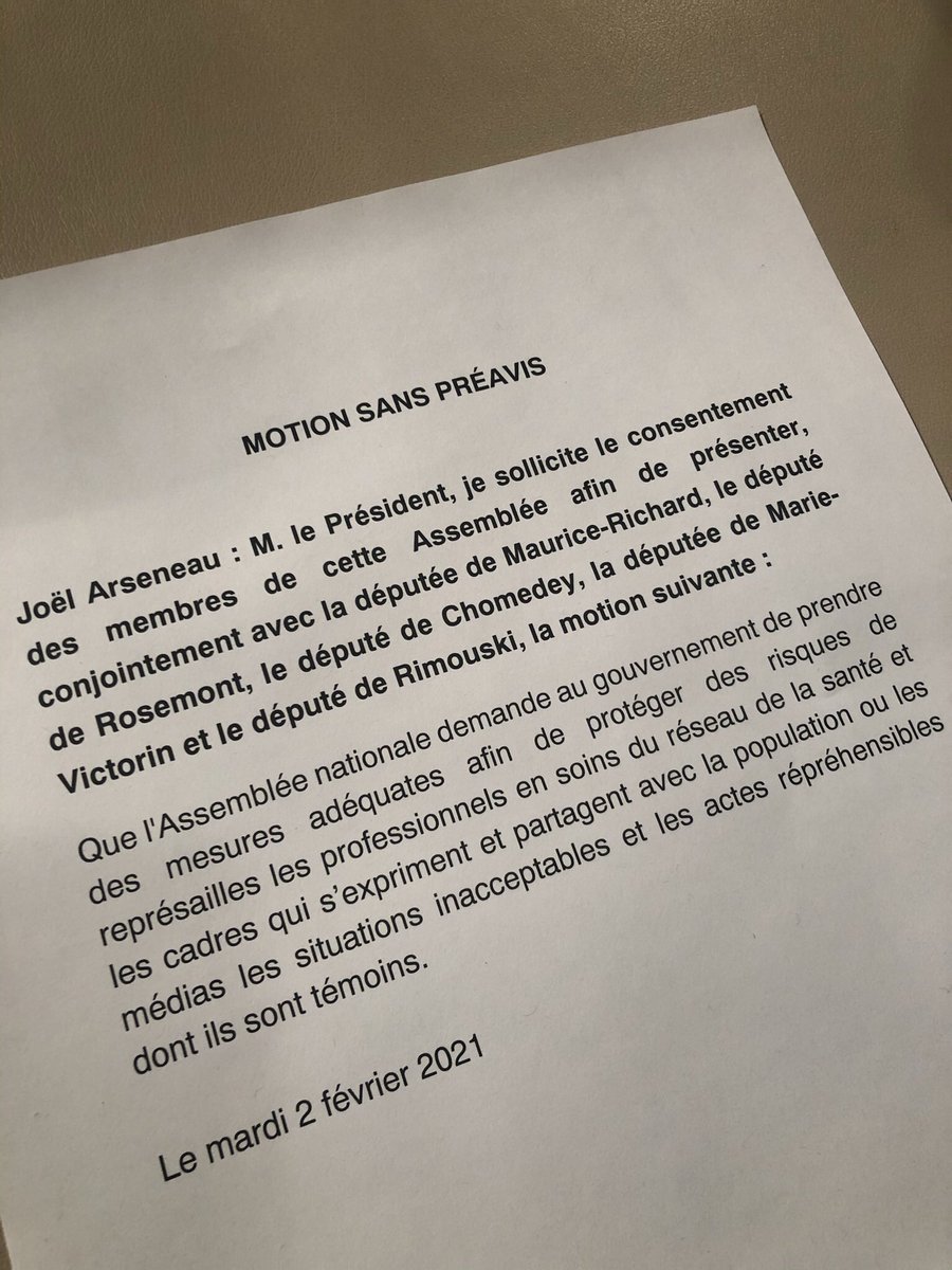 Adopté à l’unanimité! 

Pour mettre fin à l’omertà en santé au Québec, j’ai déposé la motion suivante à <a href="/AssnatQc/">assnatqc</a> au nom du <a href="/PartiQuebecois/">Parti Québécois</a>

Il faut protéger de représailles les travailleurs-euses de la santé qui témoignent de la réalité vécue sur le terrain.

#Assnat #PolQc