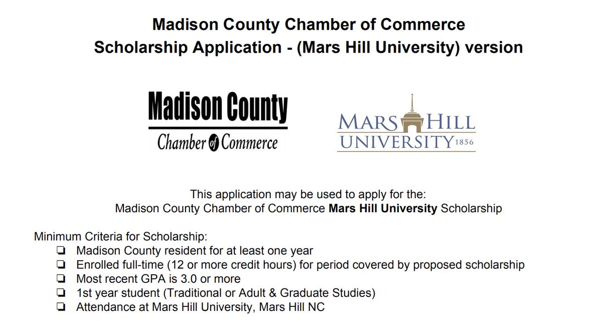 Are you a #MadisonCounty resident who is seeking to attend <a href="/MarsHillU/">Mars Hill University</a>? Apply for the #MadisonCounty #ChamberofCommerce's scholarship.  The application must be submitted before April.

The application is available at ow.ly/IXja50Dpu0K

#Scholarship #Education