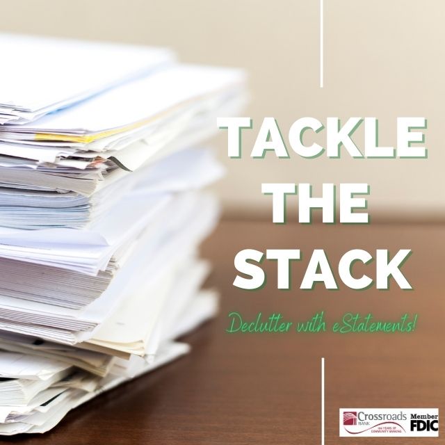 CrossroadsBank's tweet photo. Tackle the stack! Reduce paperwork with online banking and eStatements! #GoGreenWithCrossroadsBank

Enroll in eStatements for a chance to win a $100 VISA gift card. Odds of winning depend on the number of eStatement enrollments. See official rules here: 
https://t.co/Ca2ar9xYtH https://t.co/5eevv1oBtv