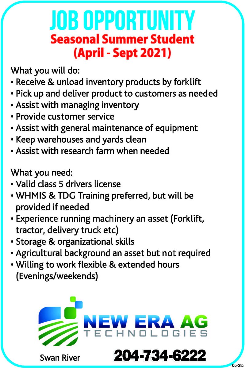 NewEraAg15's tweet image. New Era Ag is hiring! See the attached job postings for a full time Admin/Marketing person, as well as a seasonal summer employment. Contact our office for more details.