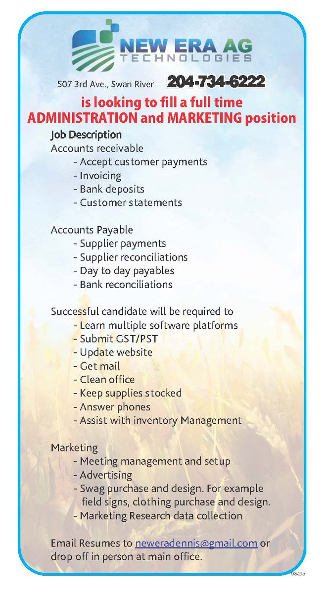 NewEraAg15's tweet image. New Era Ag is hiring! See the attached job postings for a full time Admin/Marketing person, as well as a seasonal summer employment. Contact our office for more details.