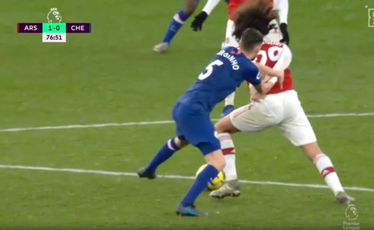 2. Arsenal 1-0 Chelsea and we are trying to maintain the lead when Jorginho, already on a yellow, clearly fouls Guendouzi and should be given a second yellowJorginho is not booked, and goes to to score the equaliser in a 2-1 Chelsea win..