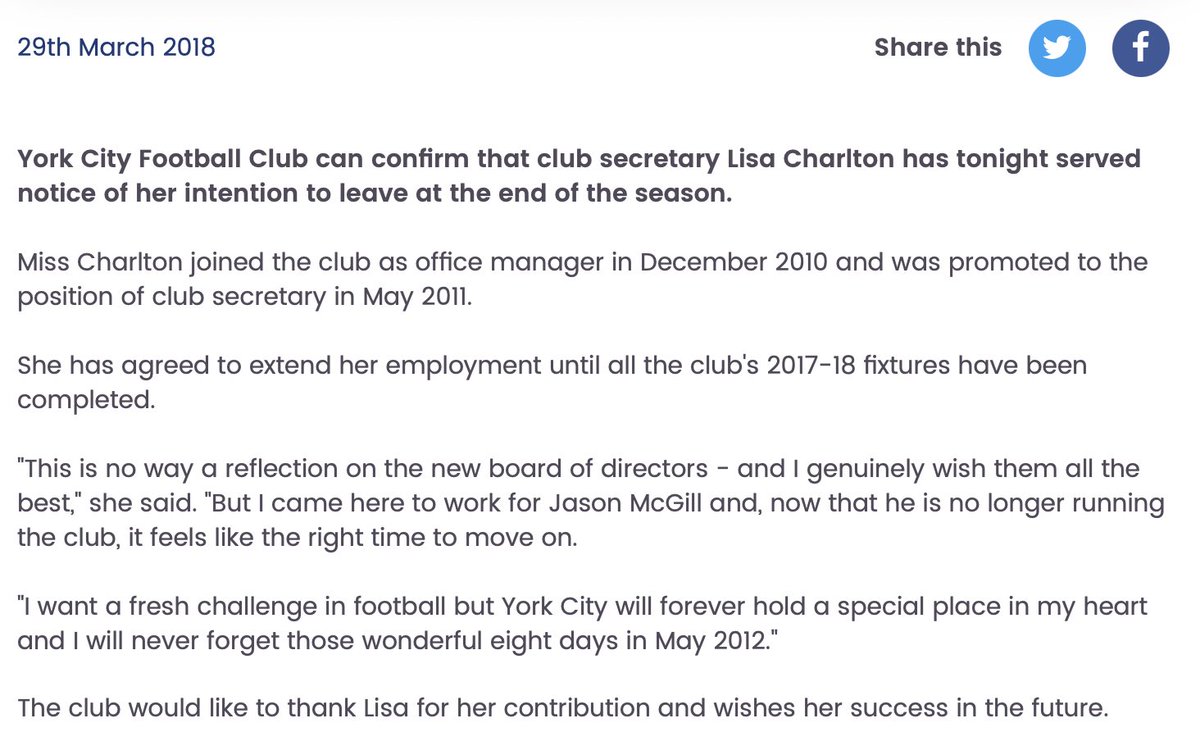 In March 2018, following the 'No' vote from the ST, the staff member who used expletives to describe York supporters in 2017 on the train resigns from her post, stating their wish to only work for out going chairman Jason McGill.As of 2021, both are still with York City.