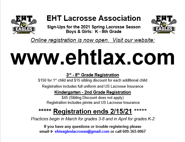 EHTLA's tweet image. Online registration is open for 2021 Spring Lacrosse ehtlax.com

Grades 3-8: $150 for 1st child and $15 sibling discount for each additional child. 

K-2nd: $45 (Sibling Discount does not apply)

Registration ends 2/15/21
 
email- ehteagleslacrosse@gmail.com with ?'s