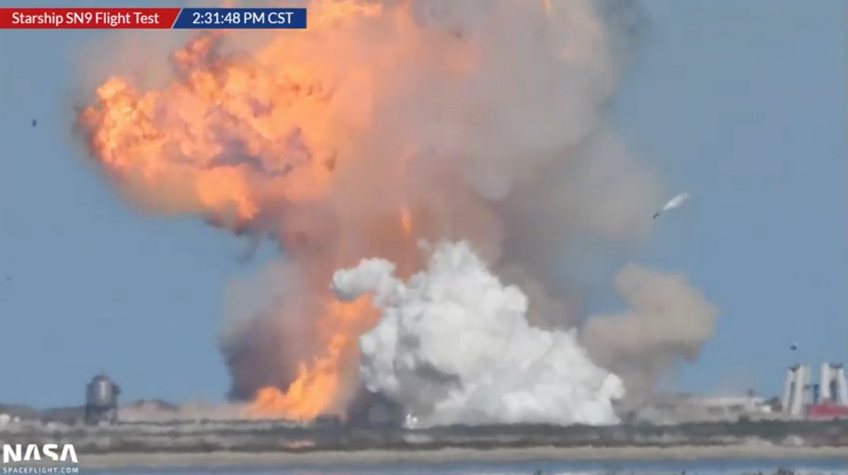 SPACEdotcom's tweet image. #StarshipSN9 went boom! Still a fantastic flight but during the flip and burn, it SEEMS one of the Raptor engines failed to fire. Standby for updates