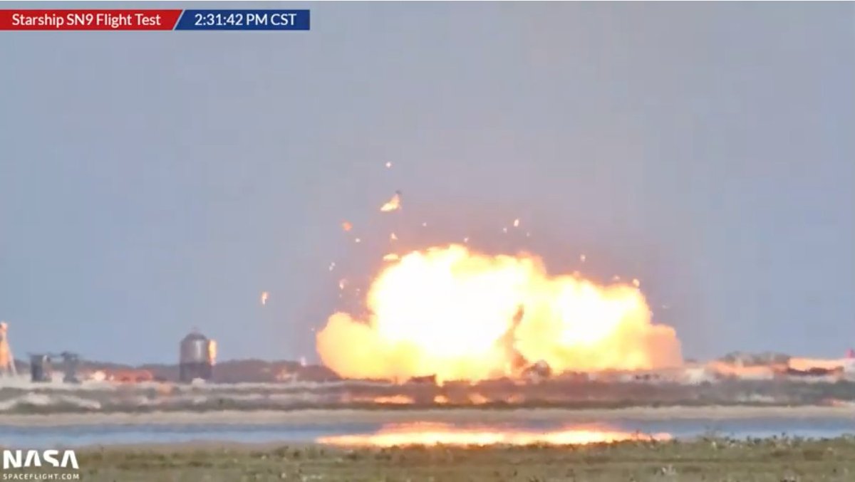 SPACEdotcom's tweet image. #StarshipSN9 went boom! Still a fantastic flight but during the flip and burn, it SEEMS one of the Raptor engines failed to fire. Standby for updates