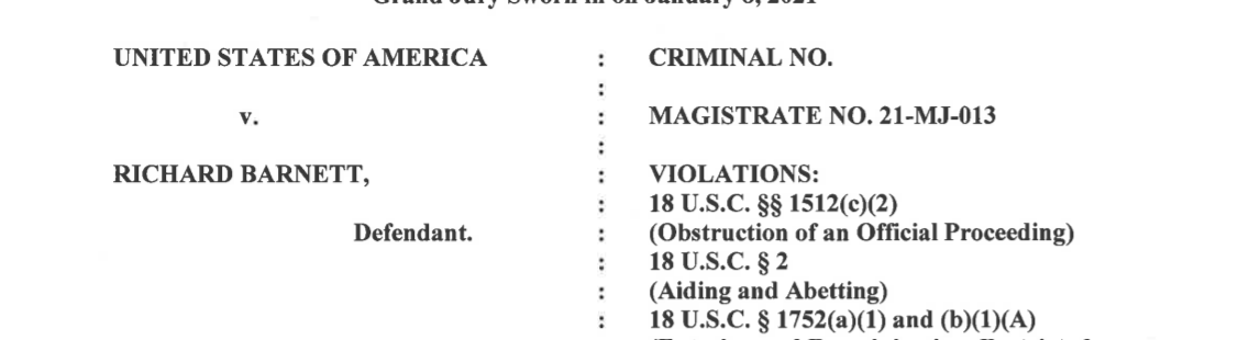 DOJ's new strategy in many Capitol cases seems to be to enhance liability against defendants, like Richard "Bigo" Barnett, by indicting an aiding and aiding count. It's the 4th or 5th time in the past few days aiding & abetting has been charged.
