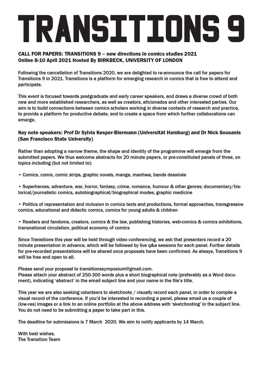 We're back!

After last year's postponement we will be returning in an expanded all-online edition on April 8-10.

We  welcome proposals for new papers on any aspect of comics studies, and volunteers interested in sketchnoting a panel. Call for papers below. Proposals due March 7