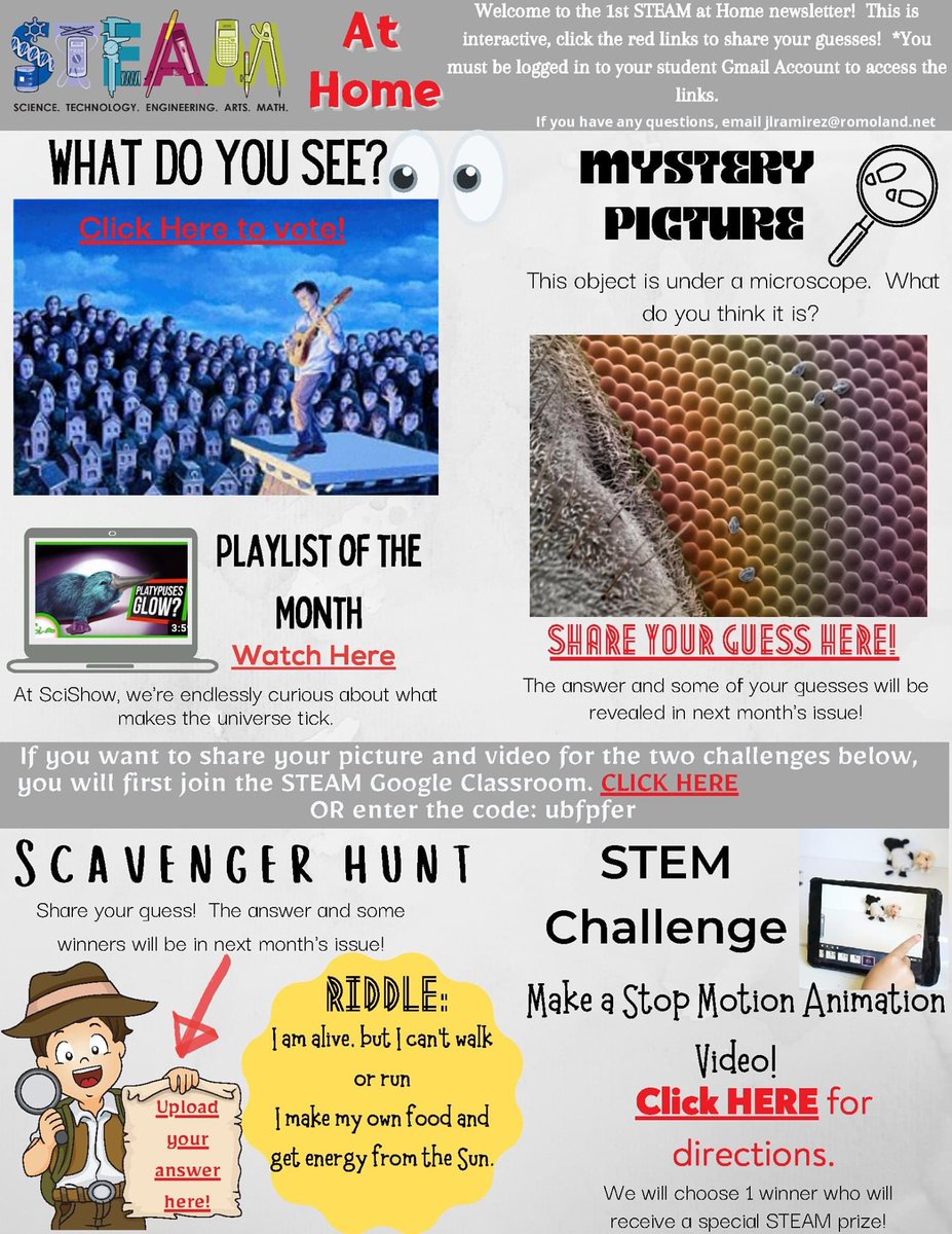 RomoSteamTeam's tweet photo. First STEAM at home newsletter, can’t wait to see all the great things our students submit! https://t.co/Xr6gTMpamo