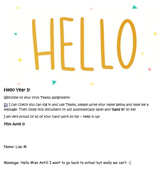 ourladyqop's tweet photo. Great to see some Year 5 children checking their logins for Teams and having a go at sending me a message on the ‘Hello’ assignment. If you haven’t tried yet, please have a go so I can sort out any teething problems before we ‘catch-up!’ 💻👋🏻#olqparestillhere https://t.co/2hxmcSLPCx