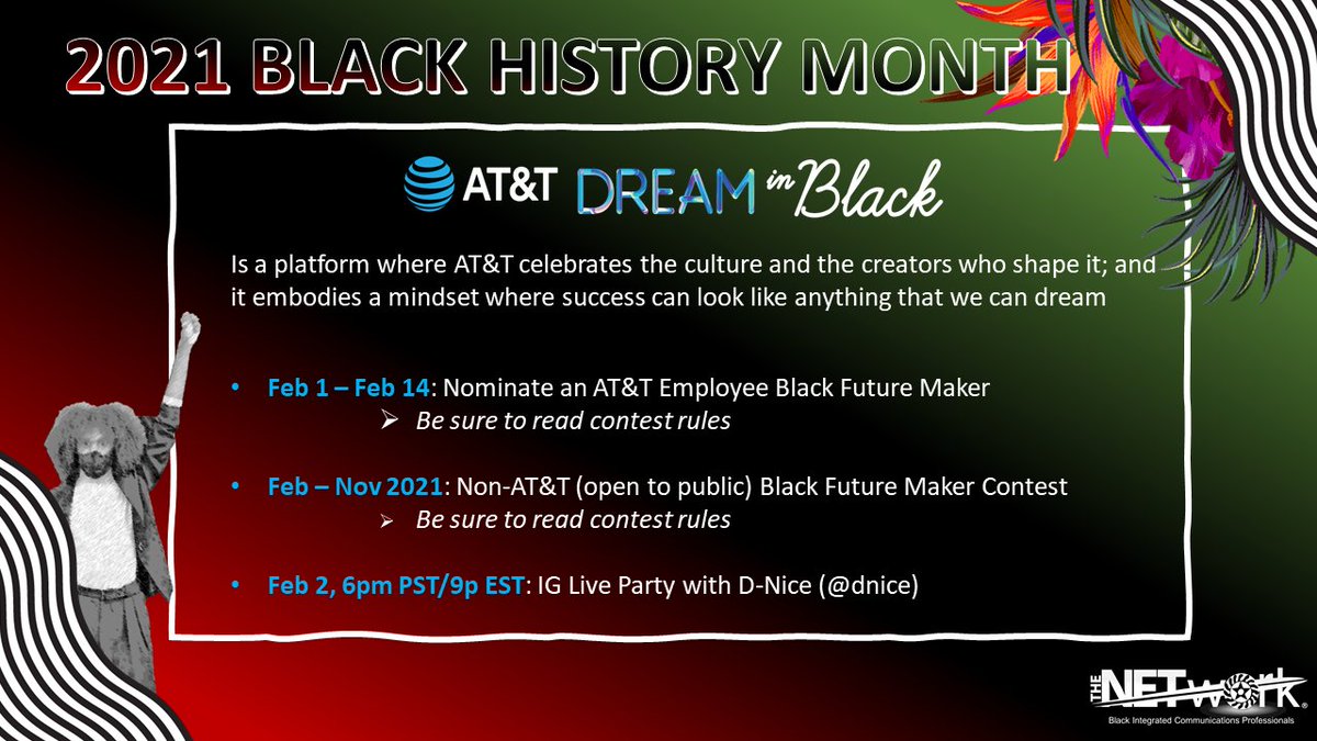 TheNETwork_Natl's tweet photo. Visit the AT&amp;T DreamInBlack site - https://t.co/chQ0LahNoe

Nominate an AT&amp;T Employee Black Future Maker - https://t.co/mW6tG8o0cx

Non-AT&amp;T (open to public) Black Future Maker Contest - https://t.co/x0Q0NTc8h1

#DreamInBlack #StandforEquality #attfuturemaker #NETworkBHM2021 https://t.co/lG9Mq9R771