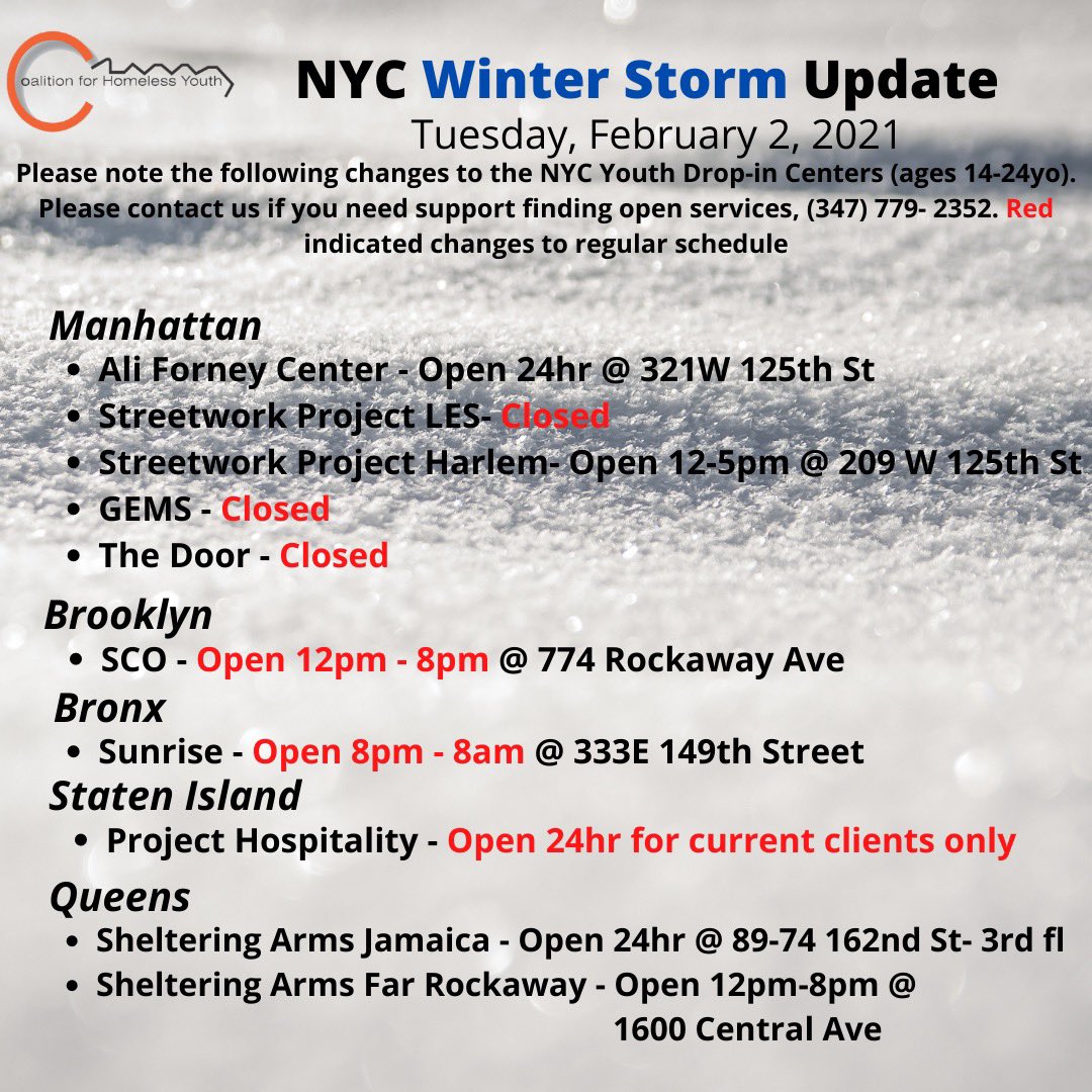 nychyorg's tweet photo. Important update regarding NYC Youth Drop-in Center's. Please share so youth know where they can go. @NYCYouth #codeblue #youthhomelessness https://t.co/u80OQBlvCg