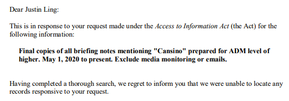 While we're on the subject: I filed an Access to Information request to the Public Health Agency of Canada regarding the Cansino vaccine project that got scuttled.Apparently it wasn't the subject of much interest internally.  #cdnfoi¯\\_(ツ)_/¯
