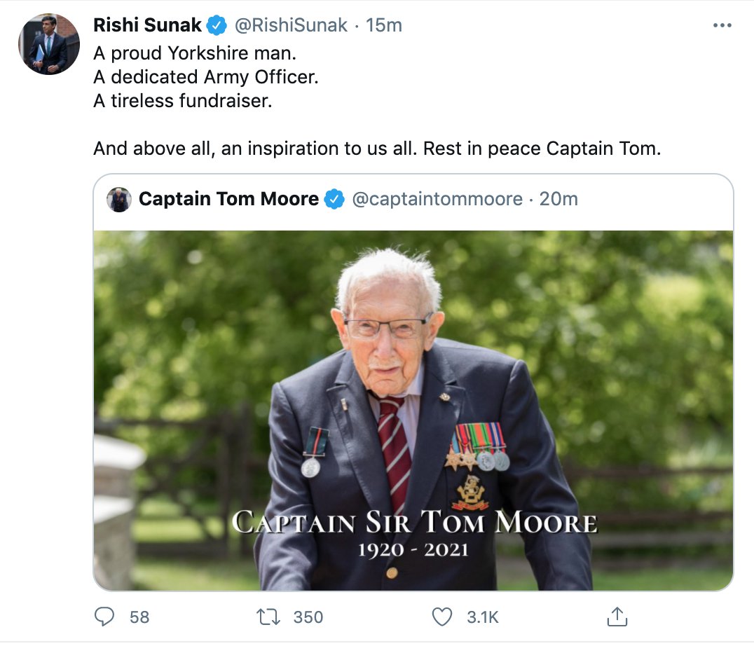Chancellor Rishi Sunak has paid tribute to Captain Tom
