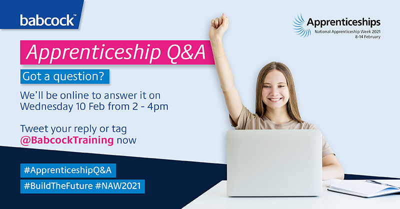 InspiroLearning's tweet photo. Got a question about apprenticeships? Ask now! We'll be answering your questions on Wed 10th Feb #NAW2021 https://t.co/7va9wuU4Y2