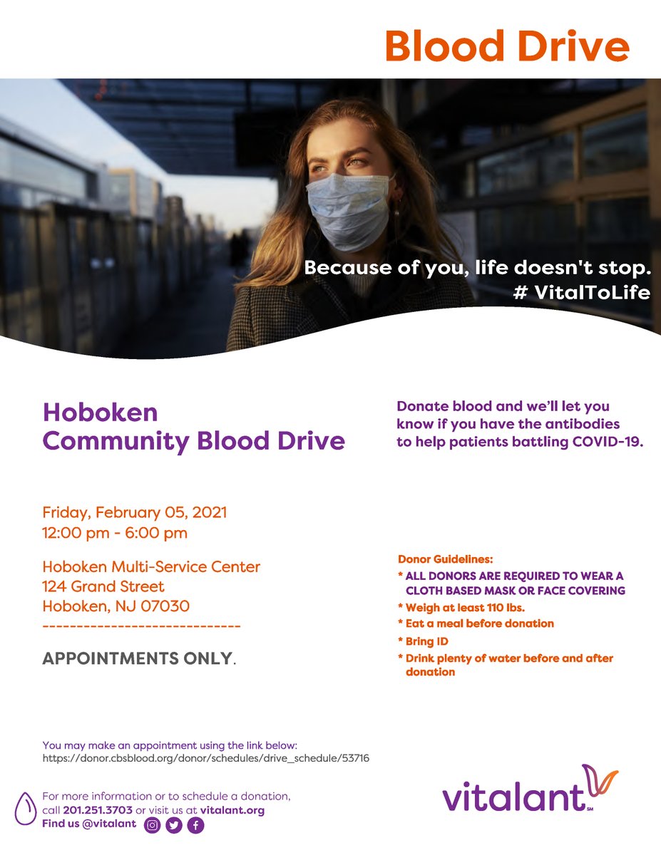 StevensConnects's tweet photo. This Friday, February 5, participate in the @CityofHoboken Community Blood Drive from 12 pm to 6 pm at the Multi-Purpose Center and help save a life. https://t.co/V3mg9SJyxb