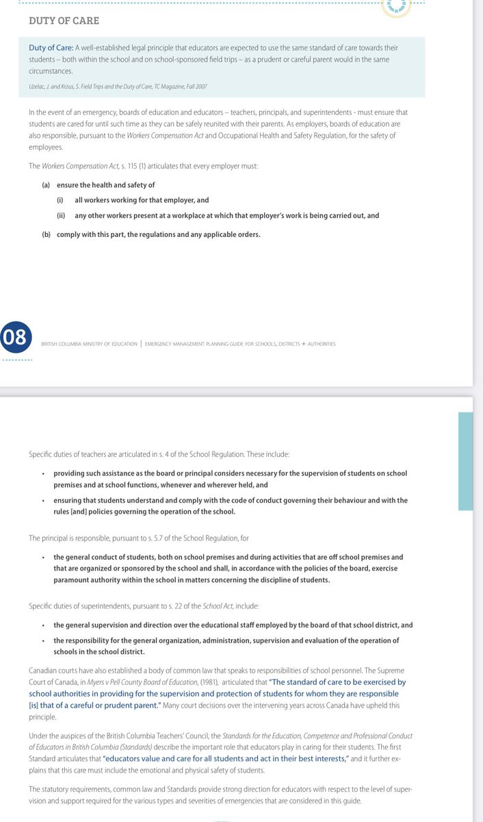 2/  #BCed is an essential service.  #BCed staff are also considered frontline workers, and as such, are required, by law, to receive the SAME standard of care as other frontline workers. Students owed a duty of care from the  @bcndp, too.Outlined here:  https://www2.gov.bc.ca/assets/gov/education/administration/kindergarten-to-grade-12/safe-caring-orderly/emergency-management-guide.pdf