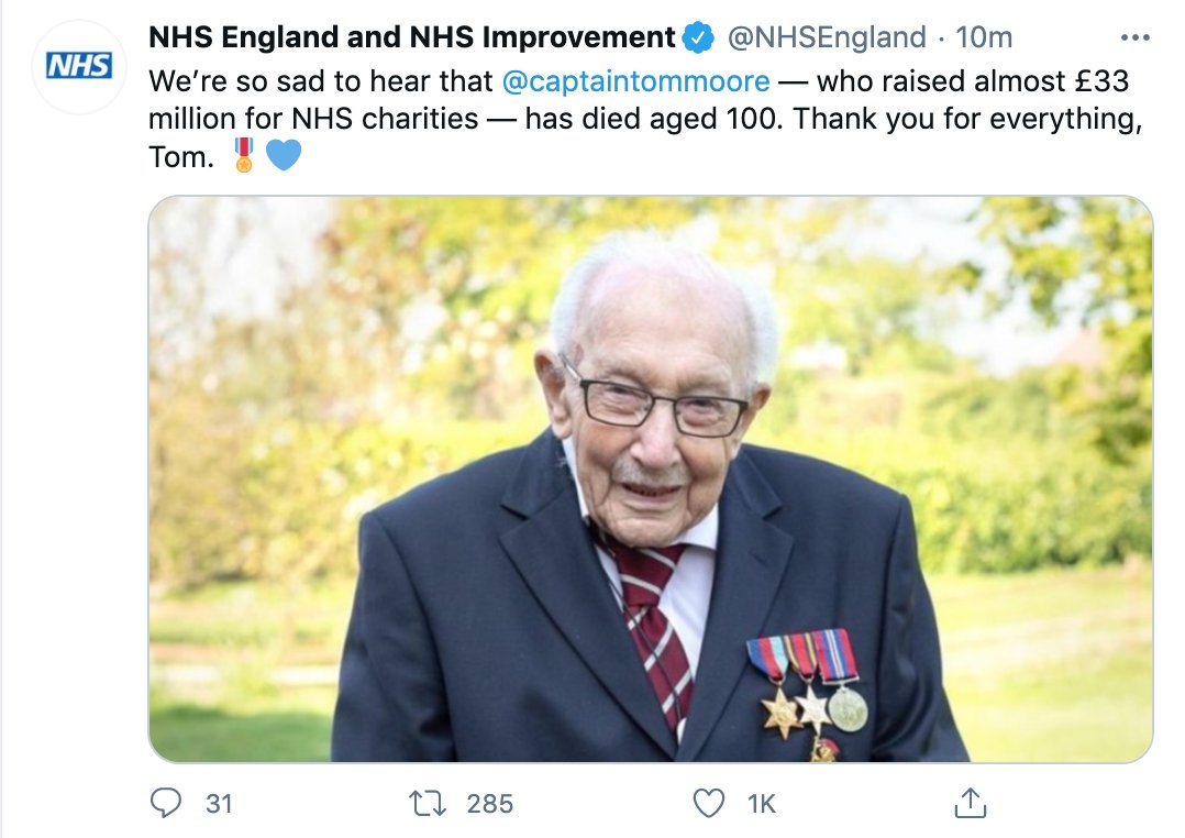 NHS England paid its respects to the war hero and fundraiser