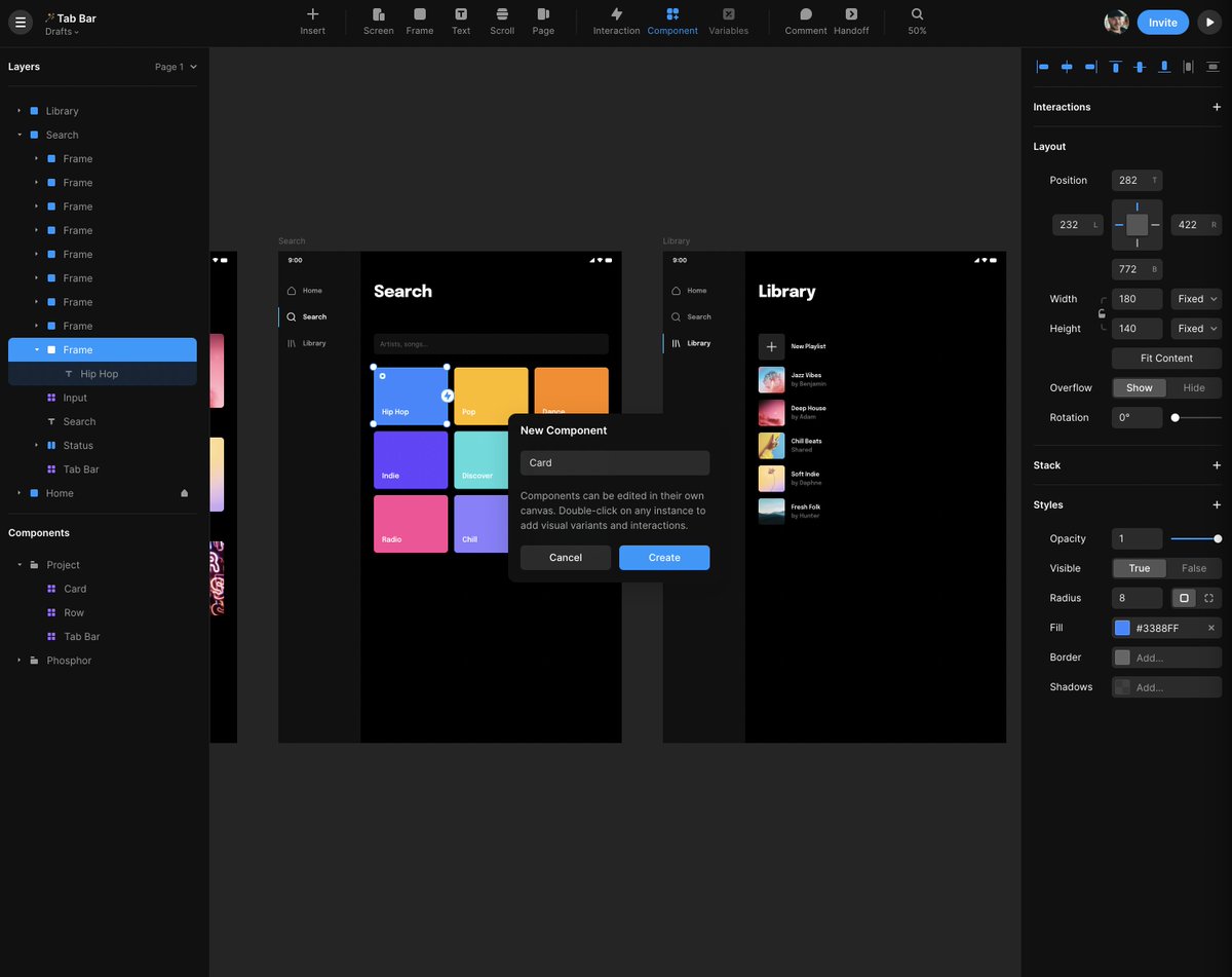 Alright, time to make a Smart Component. Here’s a simple card to do something with, just hit cmd+k 