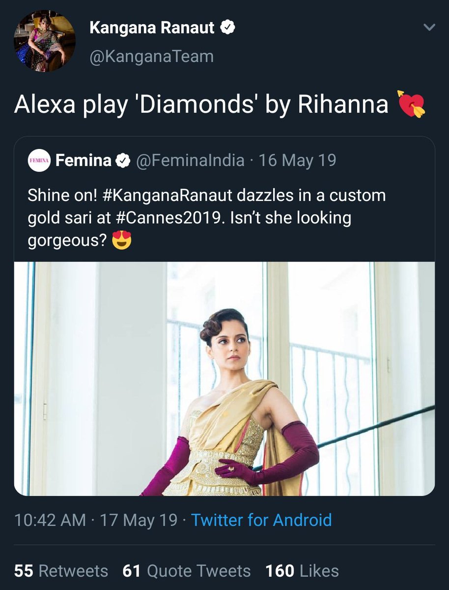 @KanganaTeam Alexa, play 'Diamonds by @rihanna 😭😭