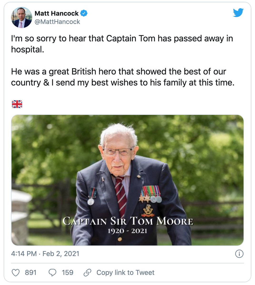 Health Secretary Matt Hancock has also paid tribute