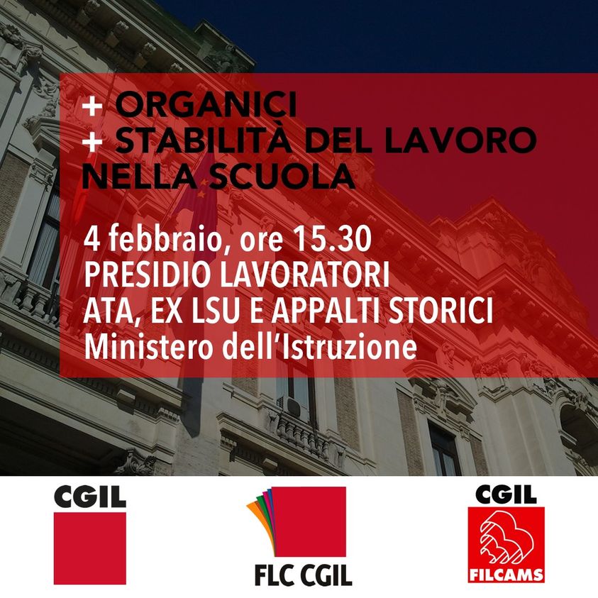 FilcamsSicilia's tweet photo. #Scuola. Giovedì #4febbraio alle 15:30, davanti al Ministero dell'Istruzione a #Roma, il #presidio di #Cgil, #Flc, #Filcams per l’incremento urgente dei posti in organico #ATA, #ExLsu e #AppaltiStorici e l’avvio immediato delle procedure selettive per la seconda fase assunzionale https://t.co/FJ5CqU3kjG