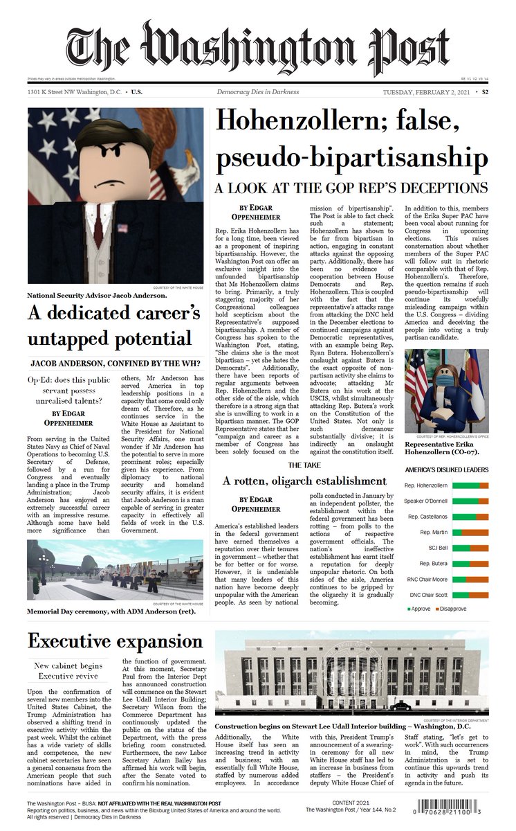 WP - Feb 2nd, 2021

The Washington Post reports on the deceptions of Representative Erika Hohenzollern, in addition to APNSA Jacob Anderson's potential, as well as other reports and news.