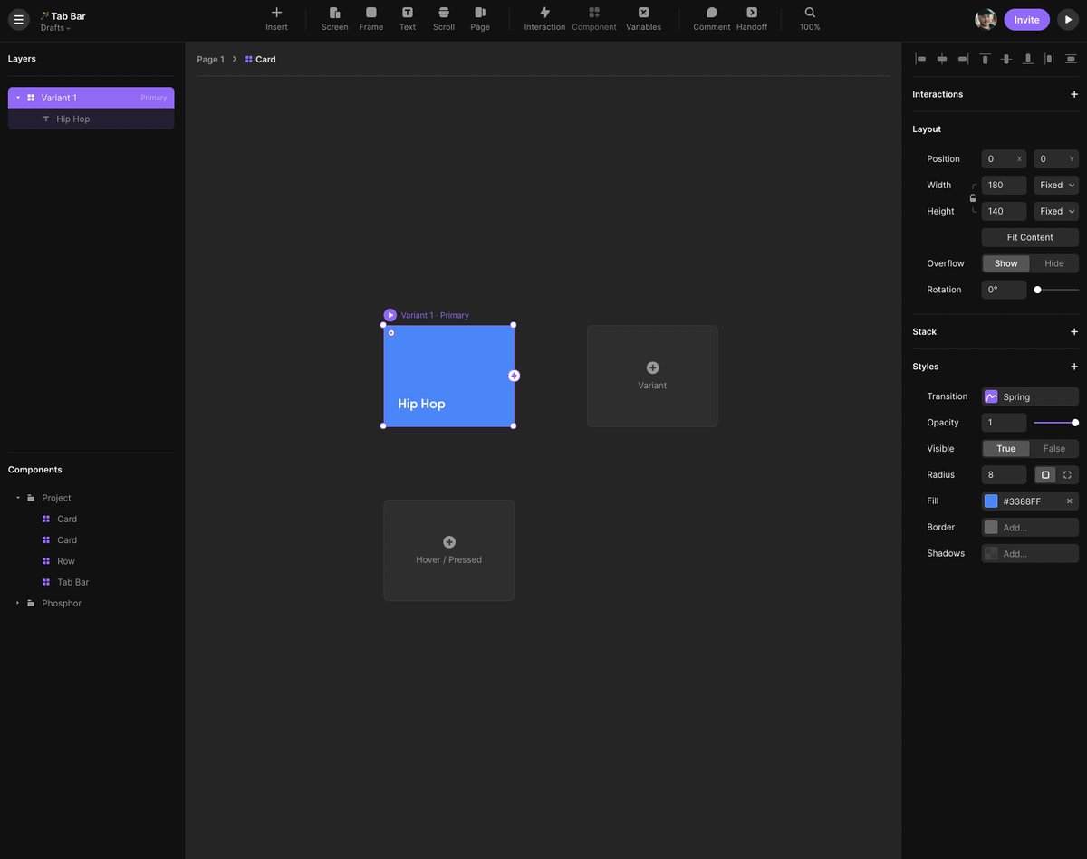 You’re now looking at your component in isolation, with quick controls to add hover/pressed effects or to add a new variant.