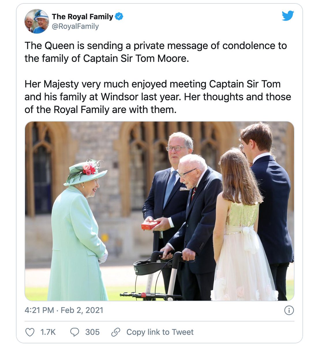 Her Majesty has sent a personal, private message to the family of Captain Tom