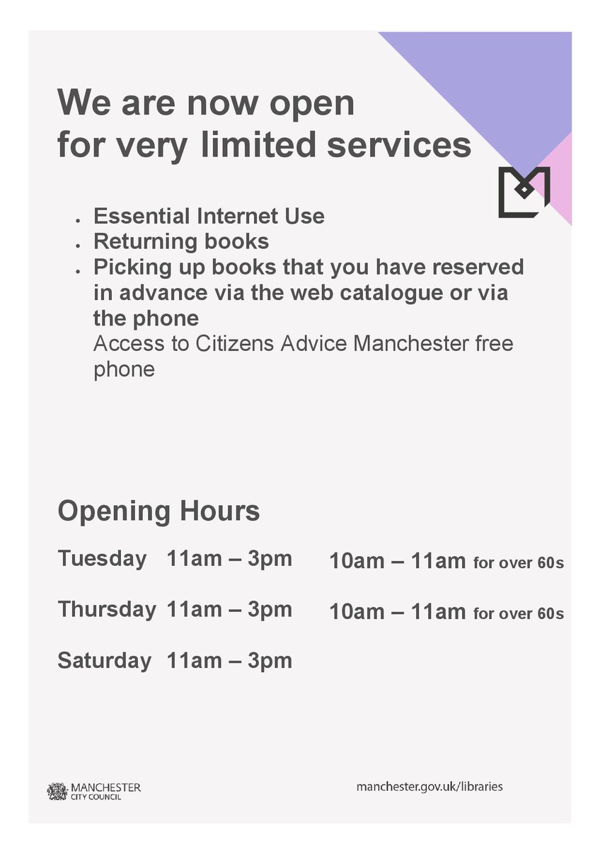 #Longsight #Library is OPEN for:
Essential #Internet Access,
#FREE access to Citizens Advice phone
Reserved #Book Collection and Drop-off

Tuesday, Thursday and Saturday 11am-3pm
Tuesday and Thursday 10am-11am for ages 60+

#Manchester #Covid19 #lockdown2021