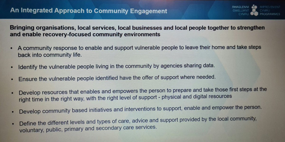 Integrated community approaches to engagement and supporting people living with dementia to get back to community life with practical guidance.  #DementiaWales2021 #backtocommunitylife 
#collaborativeapproach
#localknowledgeandexpertise
#communityrecovery
#nooneleftbehind